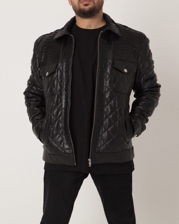 Men's Black Python Leather Trim Quilted Lambskin Jacket