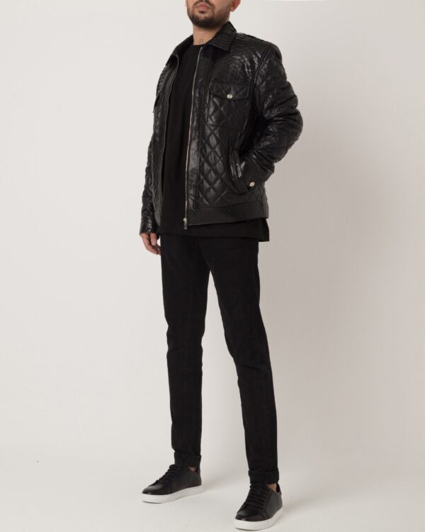 Men's Black Python Leather Trim Quilted Lambskin Jacket