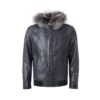 Men's Blue Python Leather Removable Fox Fur Hood Luxury Bomber Jacket