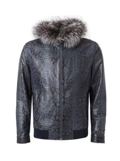 Men's Blue Python Leather Removable Fox Fur Hood Luxury Bomber Jacket