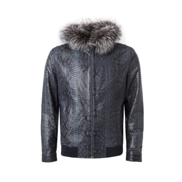 Men's Blue Python Leather Removable Fox Fur Hood Luxury Bomber Jacket