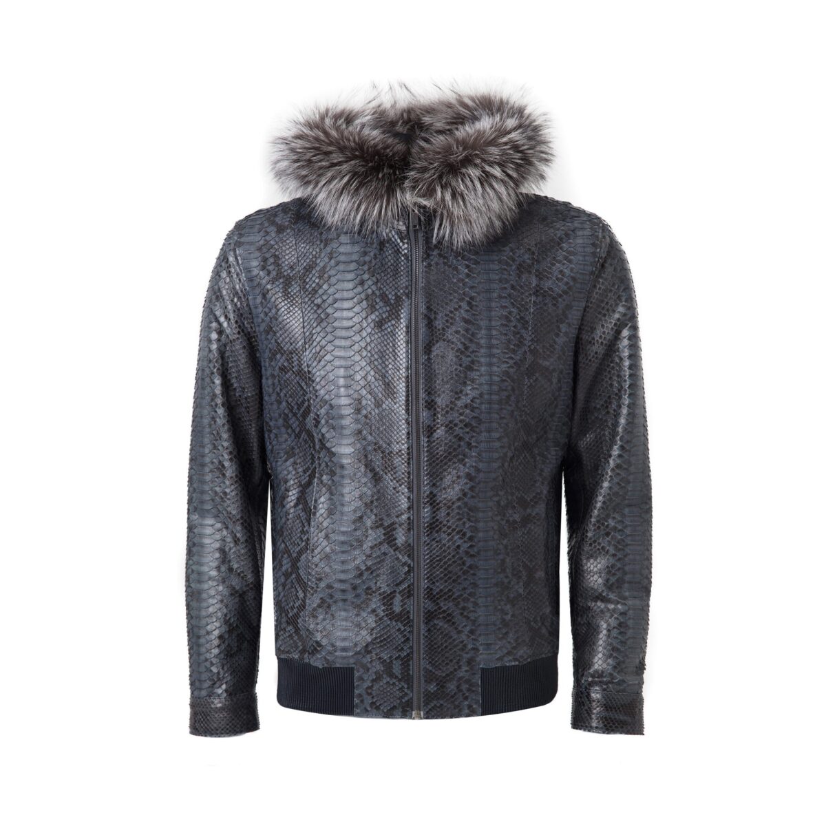 Blue Python Bomber Jacket with Fox Fur Hood