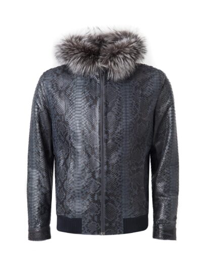 Blue Python Bomber Jacket with Fox Fur Hood