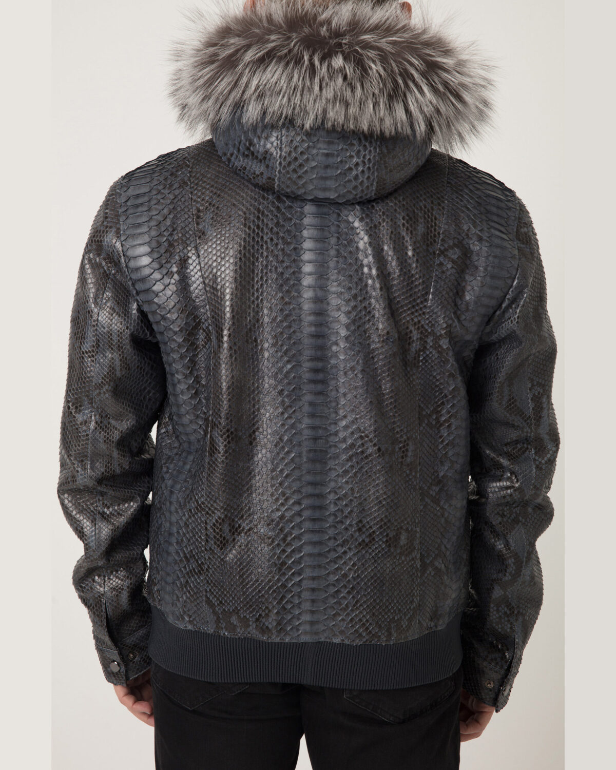 Men's Blue Python Leather Removable Fox Fur Hood Luxury Bomber Jacket