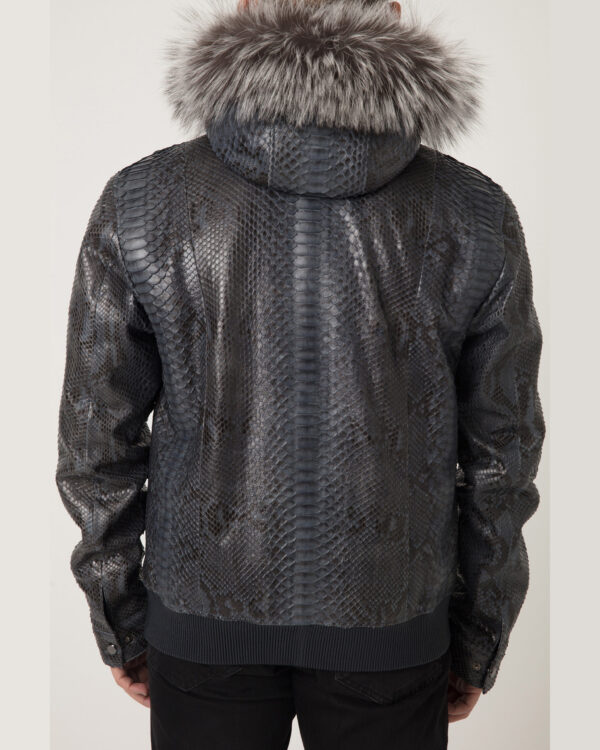 Men's Blue Python Leather Removable Fox Fur Hood Luxury Bomber Jacket