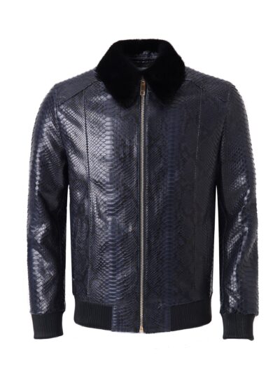 Men's Navy Blue Python Leather Detachable Mink Fur Collar Handmade Jacket
