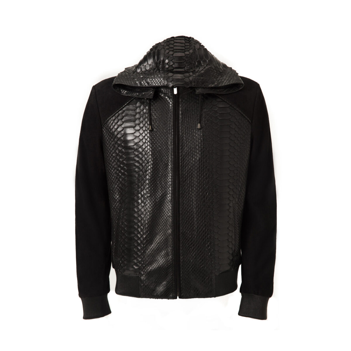 Men's Black Python Leather Suede Hoodie Jacket