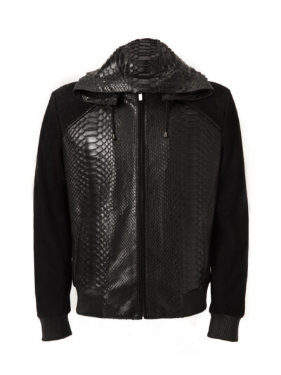 Men's Black Python Leather Suede Hoodie Jacket