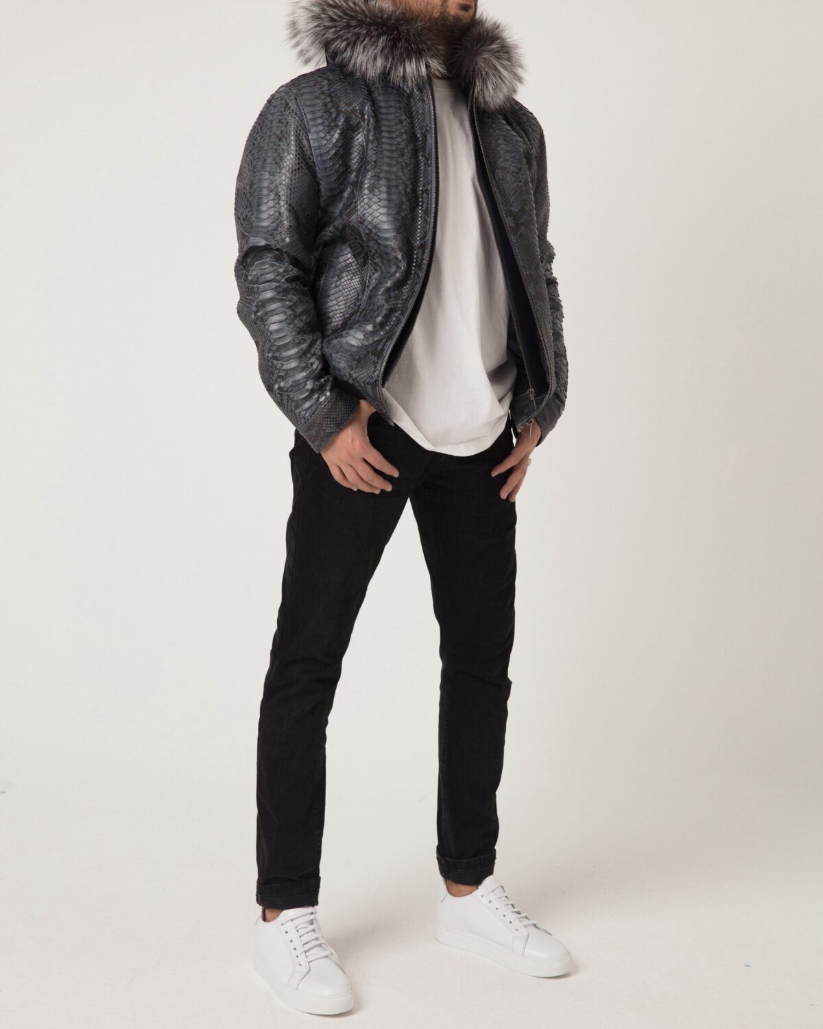 Men's Blue Python Leather Removable Fox Fur Hood Luxury Bomber Jacket