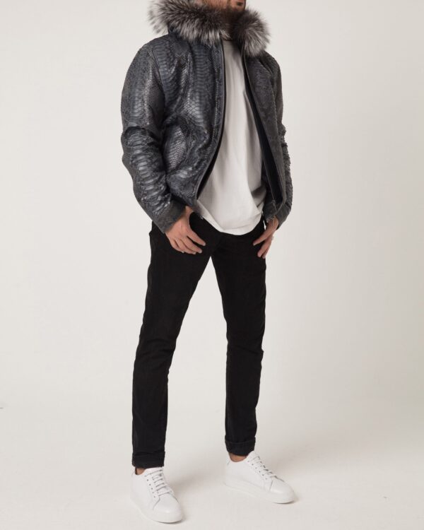 Men's Blue Python Leather Removable Fox Fur Hood Luxury Bomber Jacket