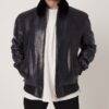 Men's Navy Blue Python Leather Detachable Mink Fur Collar Handmade Jacket