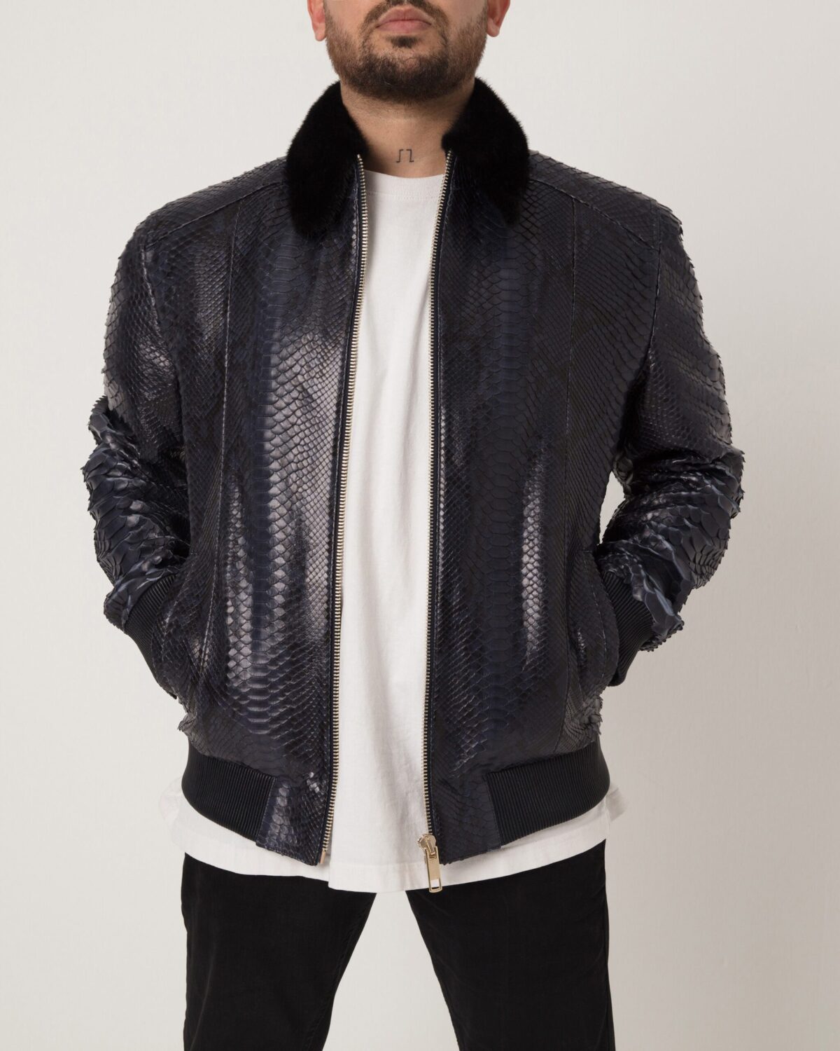 Men's Navy Blue Python Leather Detachable Mink Fur Collar Handmade Jacket