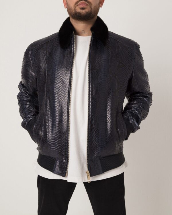 Men's Navy Blue Python Leather Detachable Mink Fur Collar Handmade Jacket