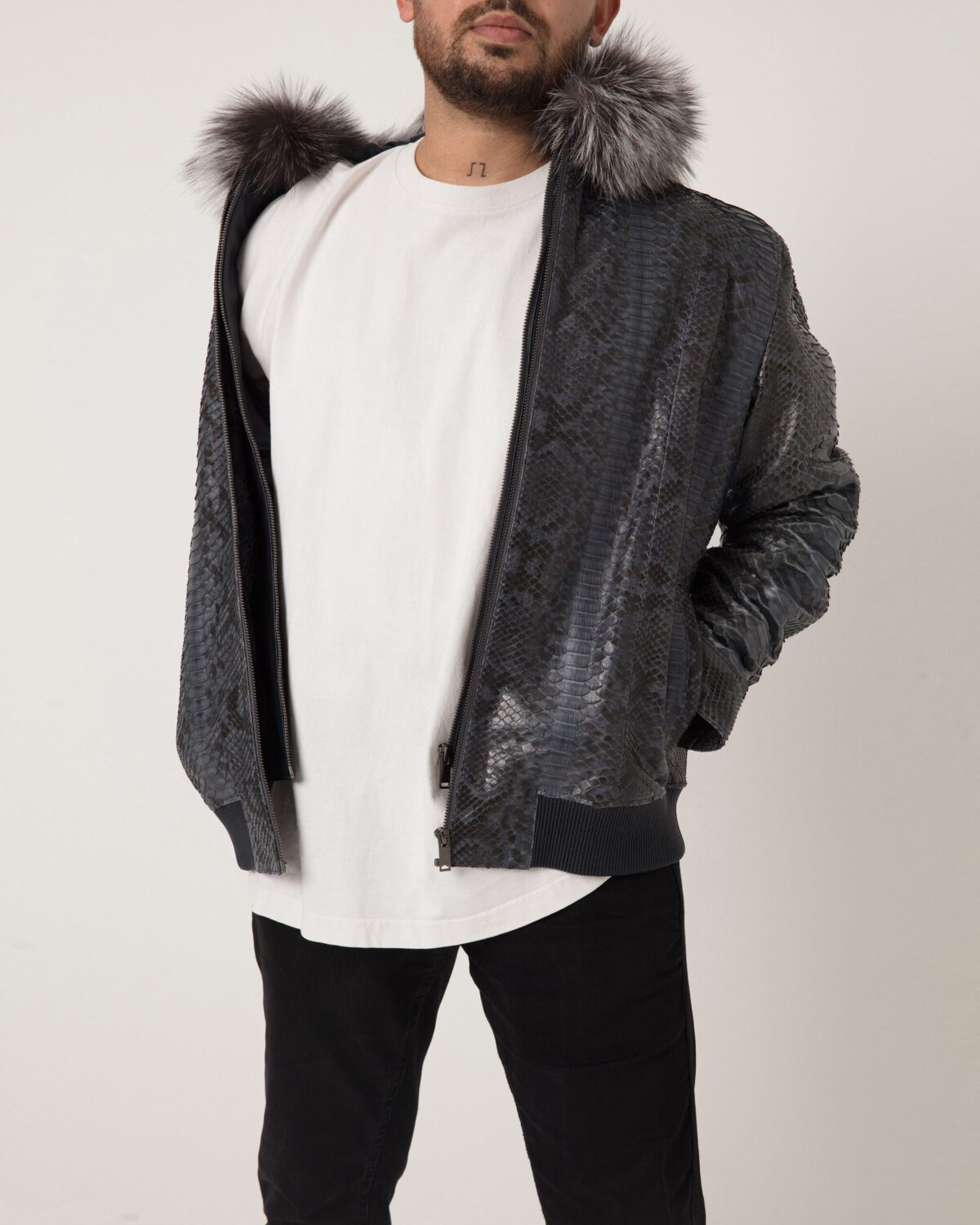 Men's Blue Python Leather Removable Fox Fur Hood Luxury Bomber Jacket