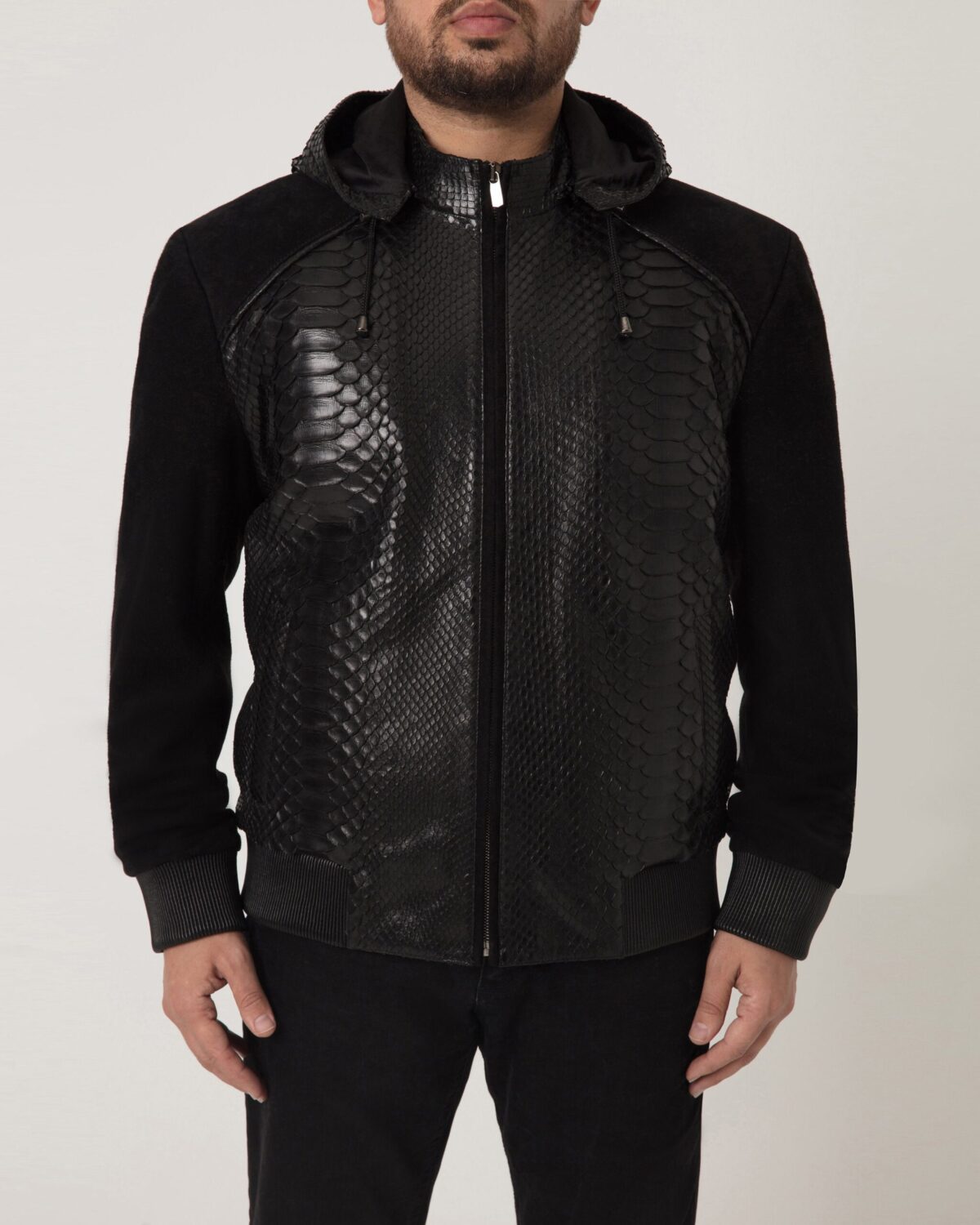 Men's Black Python Leather Suede Hoodie Jacket