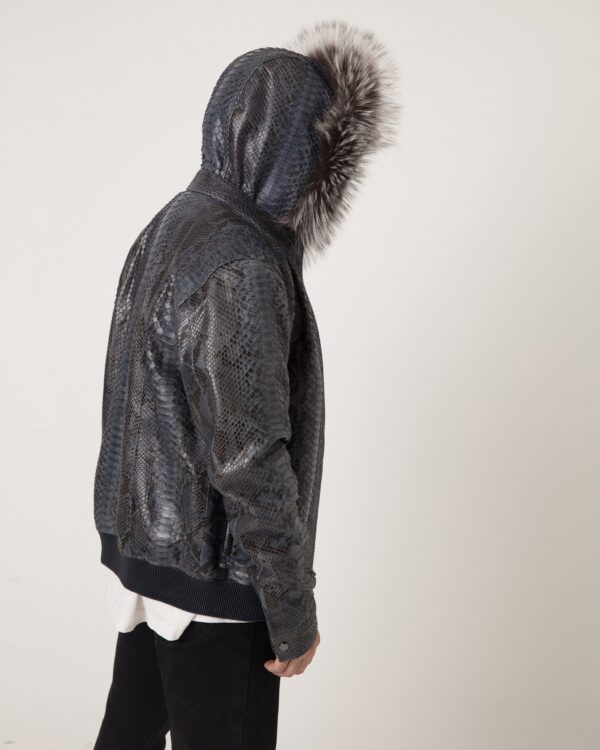 Men's Blue Python Leather Removable Fox Fur Hood Luxury Bomber Jacket