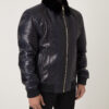 Men's Navy Blue Python Leather Detachable Mink Fur Collar Handmade Jacket