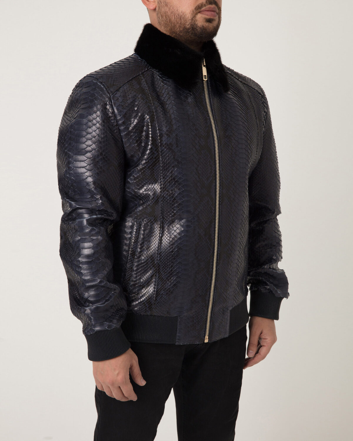 Men's Navy Blue Python Leather Detachable Mink Fur Collar Handmade Jacket