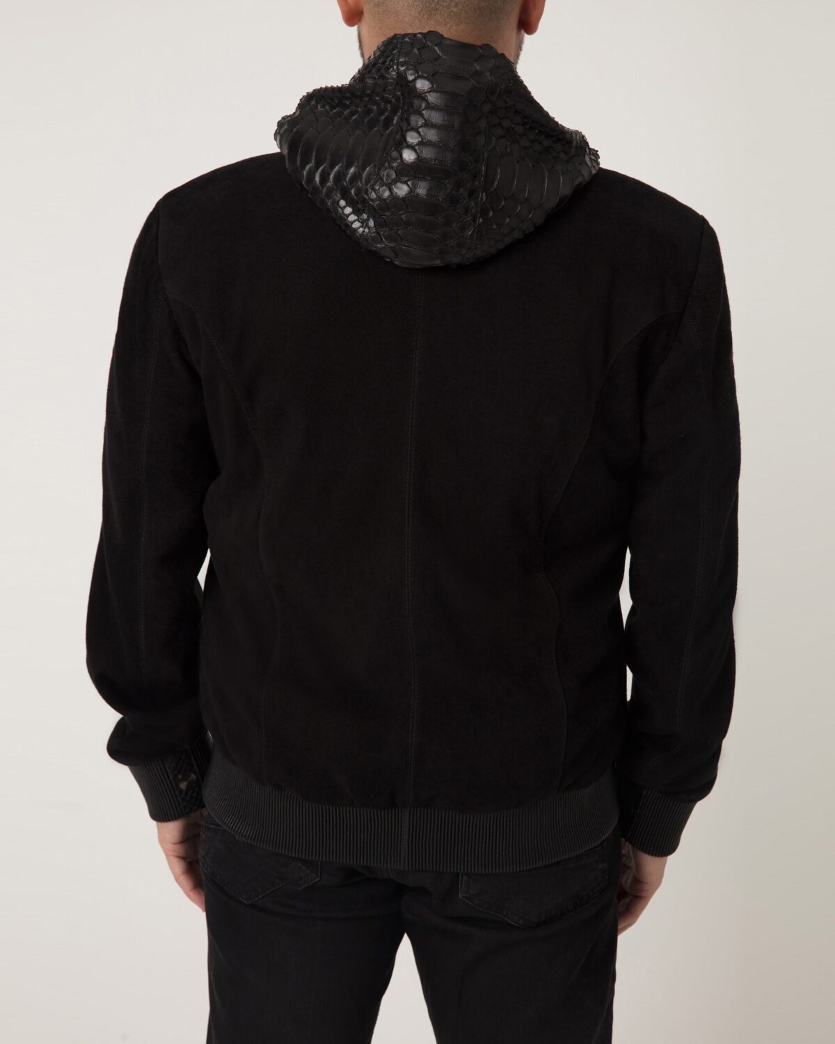 Men's Black Python Leather Suede Hoodie Jacket