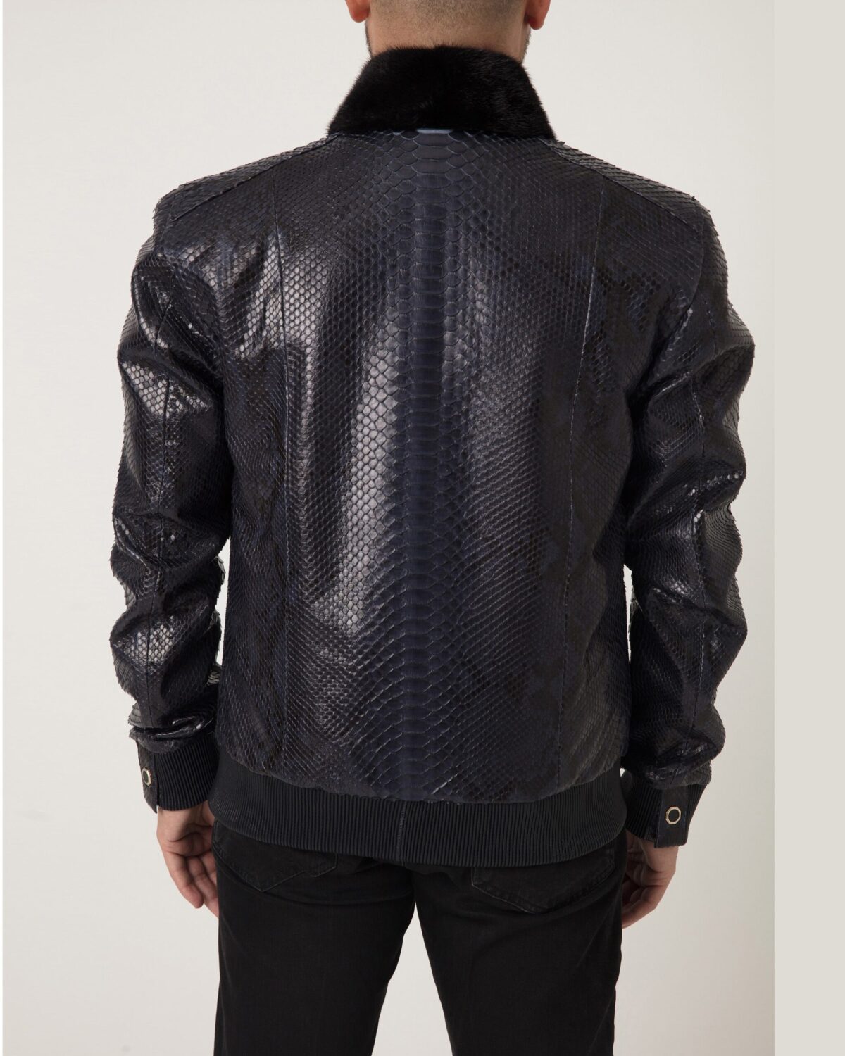 Men's Navy Blue Python Leather Detachable Mink Fur Collar Handmade Jacket