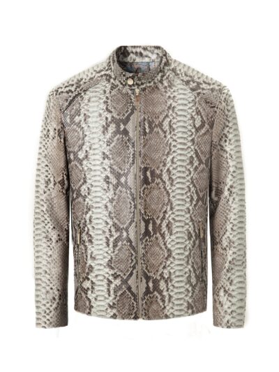 Men's Natural White And Black Python Leather Moto Jacket