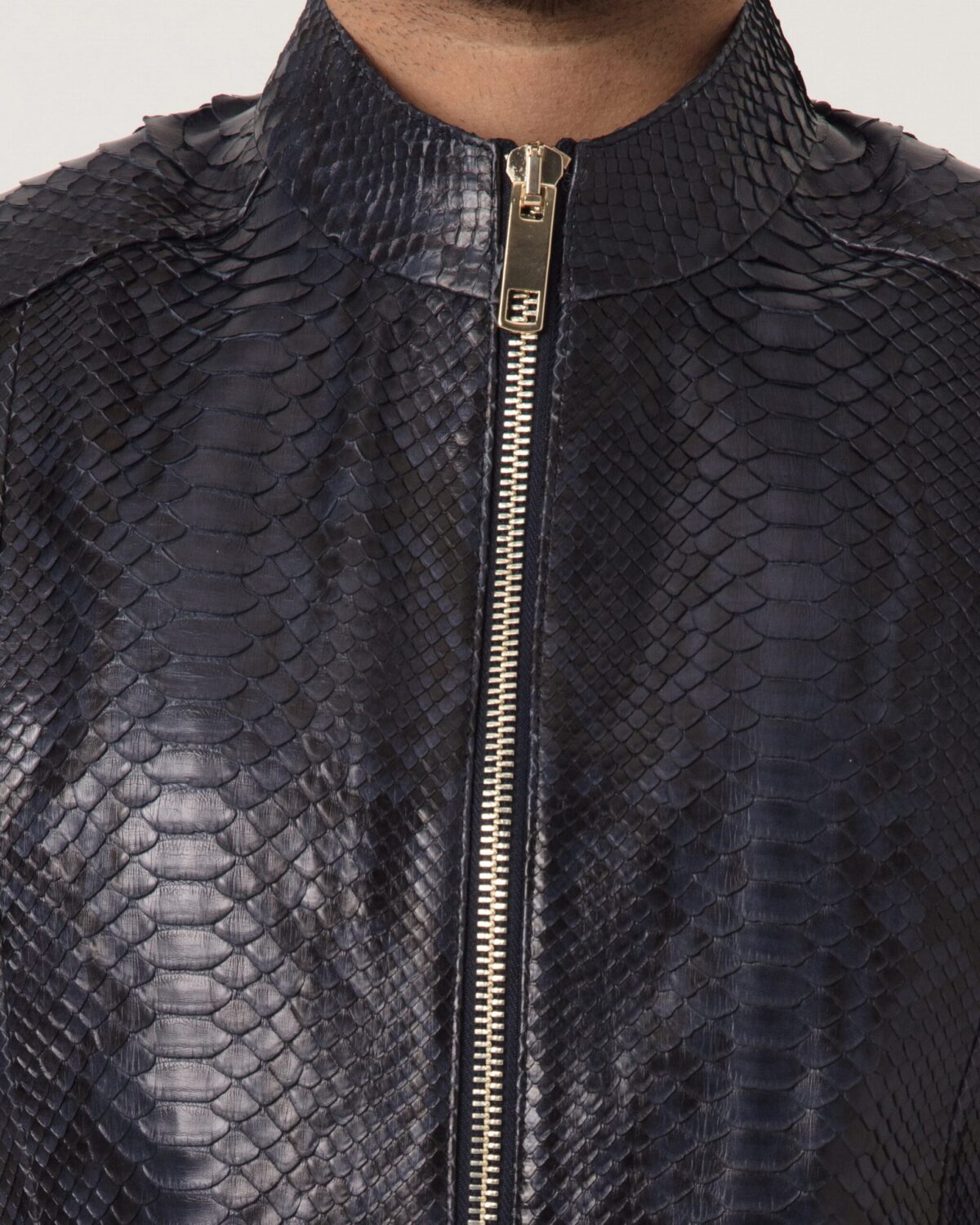 Men's Navy Blue Python Leather Detachable Mink Fur Collar Handmade Jacket