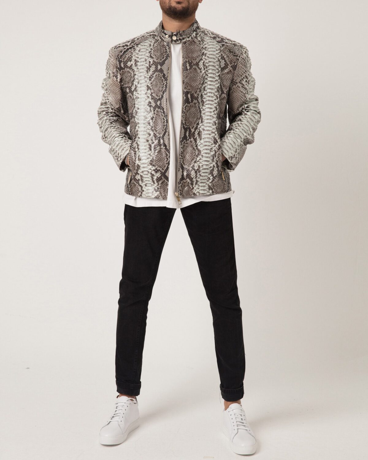 Men's Natural White And Black Python Leather Moto Jacket