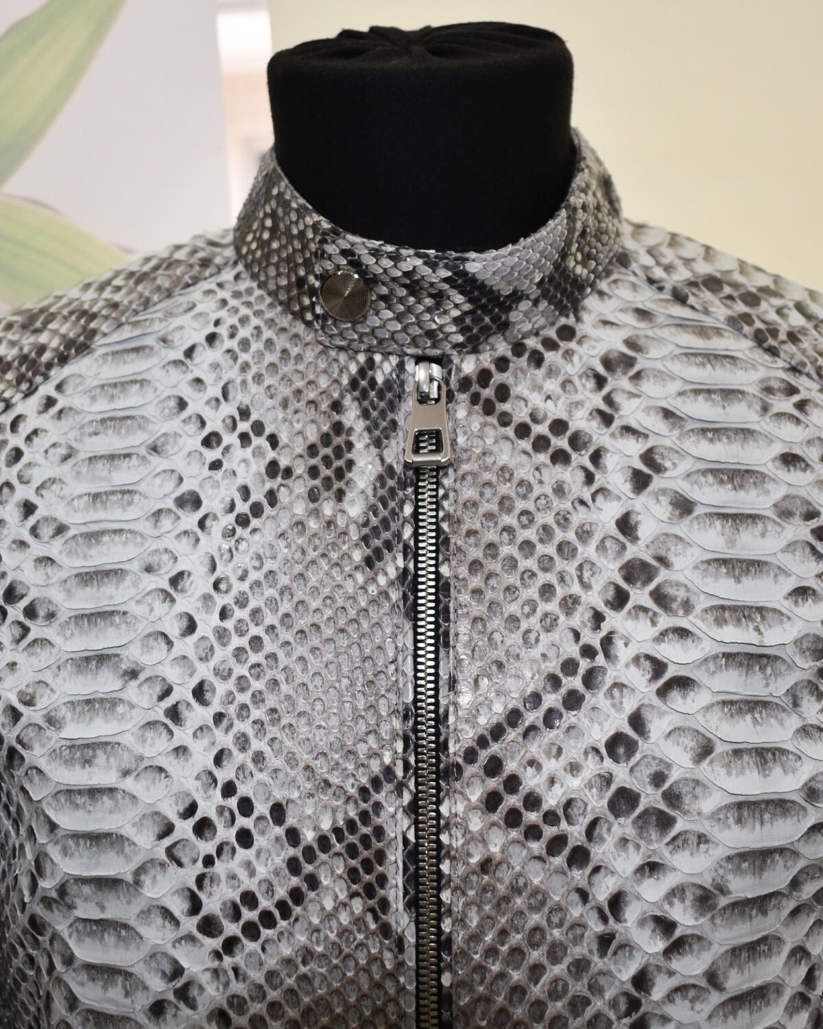 Men's Natural White And Black Python Leather Moto Jacket