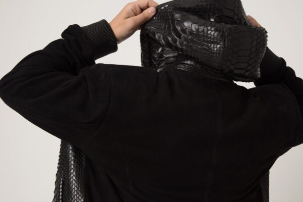 Men's Black Python Leather Suede Hoodie Jacket