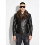Genuine Python Leather Fur Collar Men's Luxury Exotic Snake Skin Black Motorcycle Biker Jacket