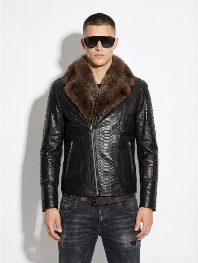 Genuine Python Leather Fur Collar Men's Luxury Exotic Snake Skin Black Motorcycle Biker Jacket