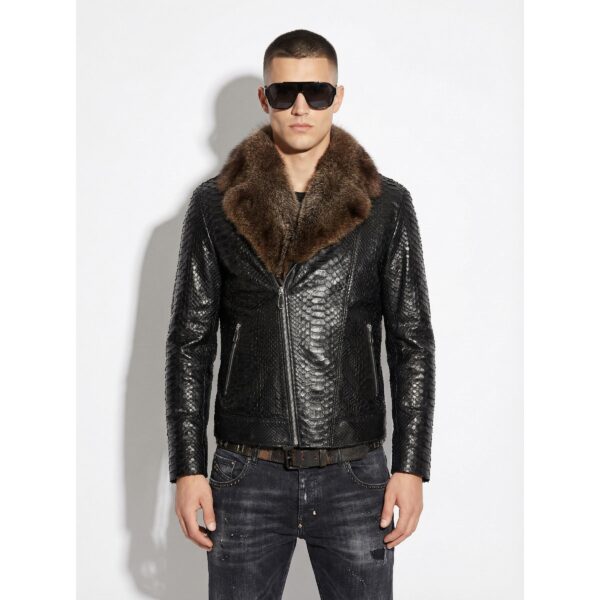 Genuine Python Leather Fur Collar Men's Luxury Exotic Snake Skin Black Motorcycle Biker Jacket