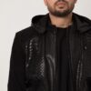 Men's Black Python Leather Suede Hoodie Jacket