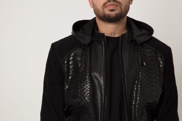Men's Black Python Leather Suede Hoodie Jacket