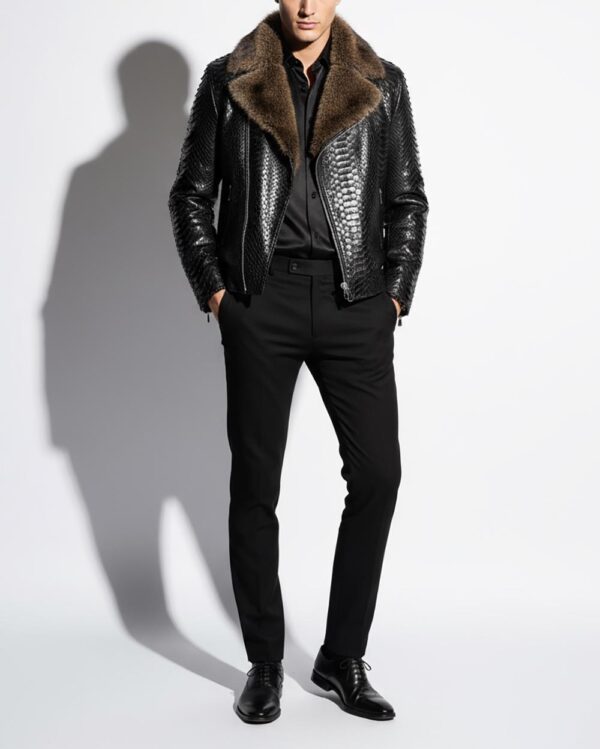 Genuine Python Leather Fur Collar Men's Luxury Exotic Snake Skin Black Motorcycle Biker Jacket