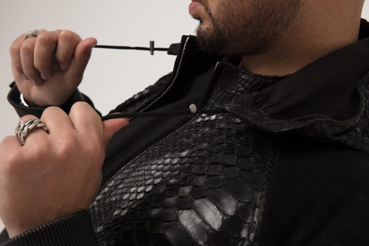 Men's Black Python Leather Suede Hoodie Jacket