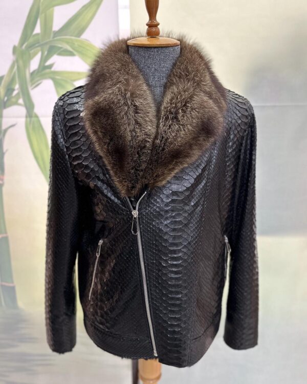 Genuine Python Leather Fur Collar Men's Luxury Exotic Snake Skin Black Motorcycle Biker Jacket