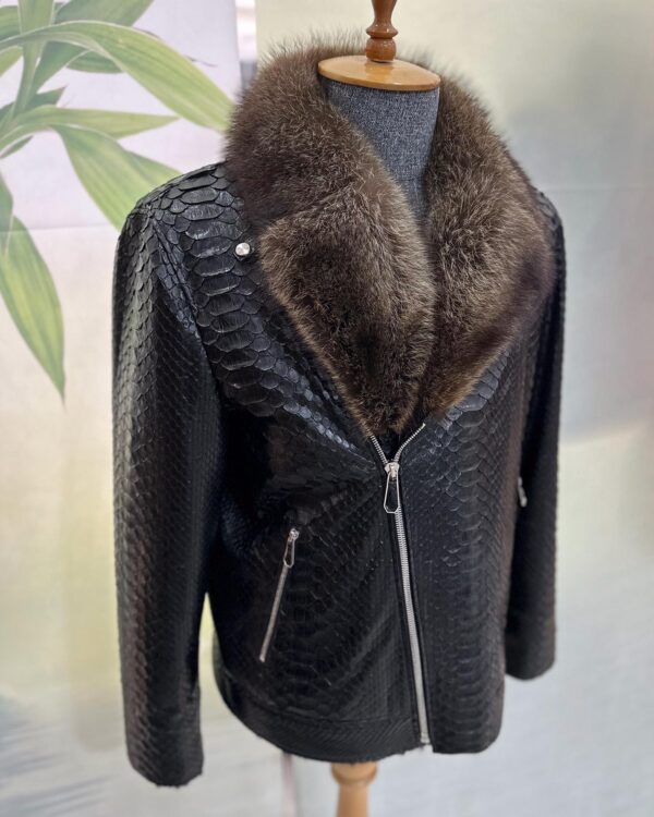 Genuine Python Leather Fur Collar Men's Luxury Exotic Snake Skin Black Motorcycle Biker Jacket