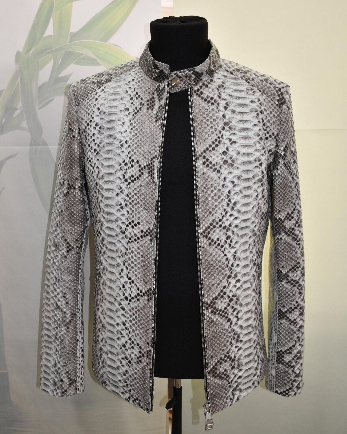 Men's Natural White And Black Python Leather Moto Jacket