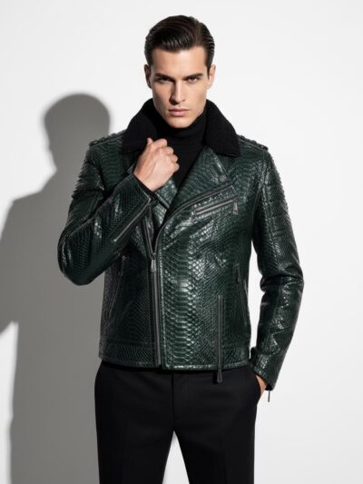 Genuine Python Skin Green Biker Jacket, Sheep Fur Collar