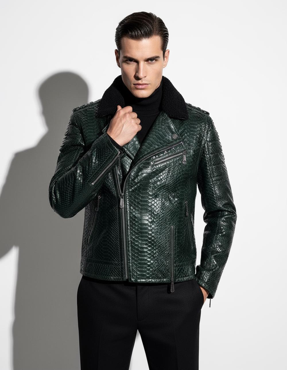 Genuine Python Skin Green Biker Jacket, Sheep Fur Collar