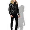 Raccoon Fur Hooded Genuine Leather Men's Black Quilted Bomber Jacket
