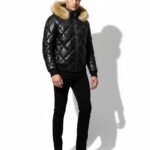 Raccoon Fur Hooded Genuine Leather Men's Black Quilted Bomber Jacket