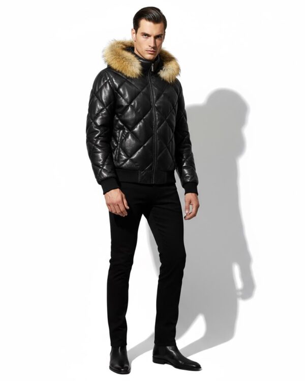 Raccoon Fur Hooded Genuine Leather Men's Black Quilted Bomber Jacket