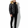 Raccoon Fur Hooded Genuine Leather Men's Black Quilted Bomber Jacket