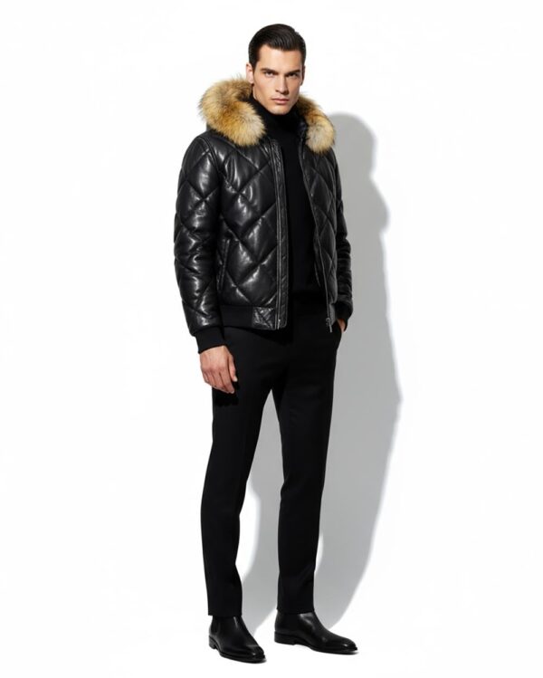 Raccoon Fur Hooded Genuine Leather Men's Black Quilted Bomber Jacket
