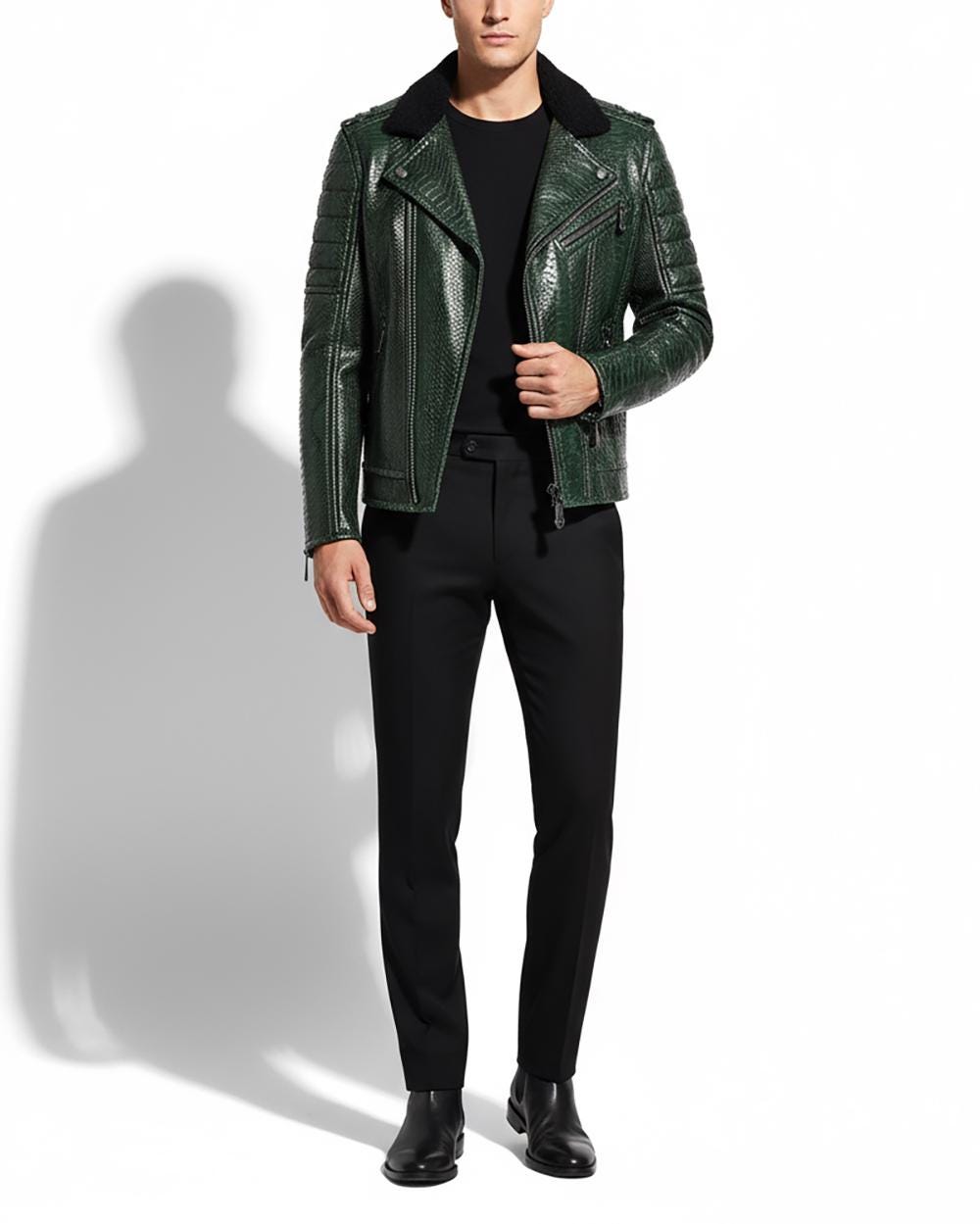 Genuine Python Skin Green Biker Jacket, Sheep Fur Collar