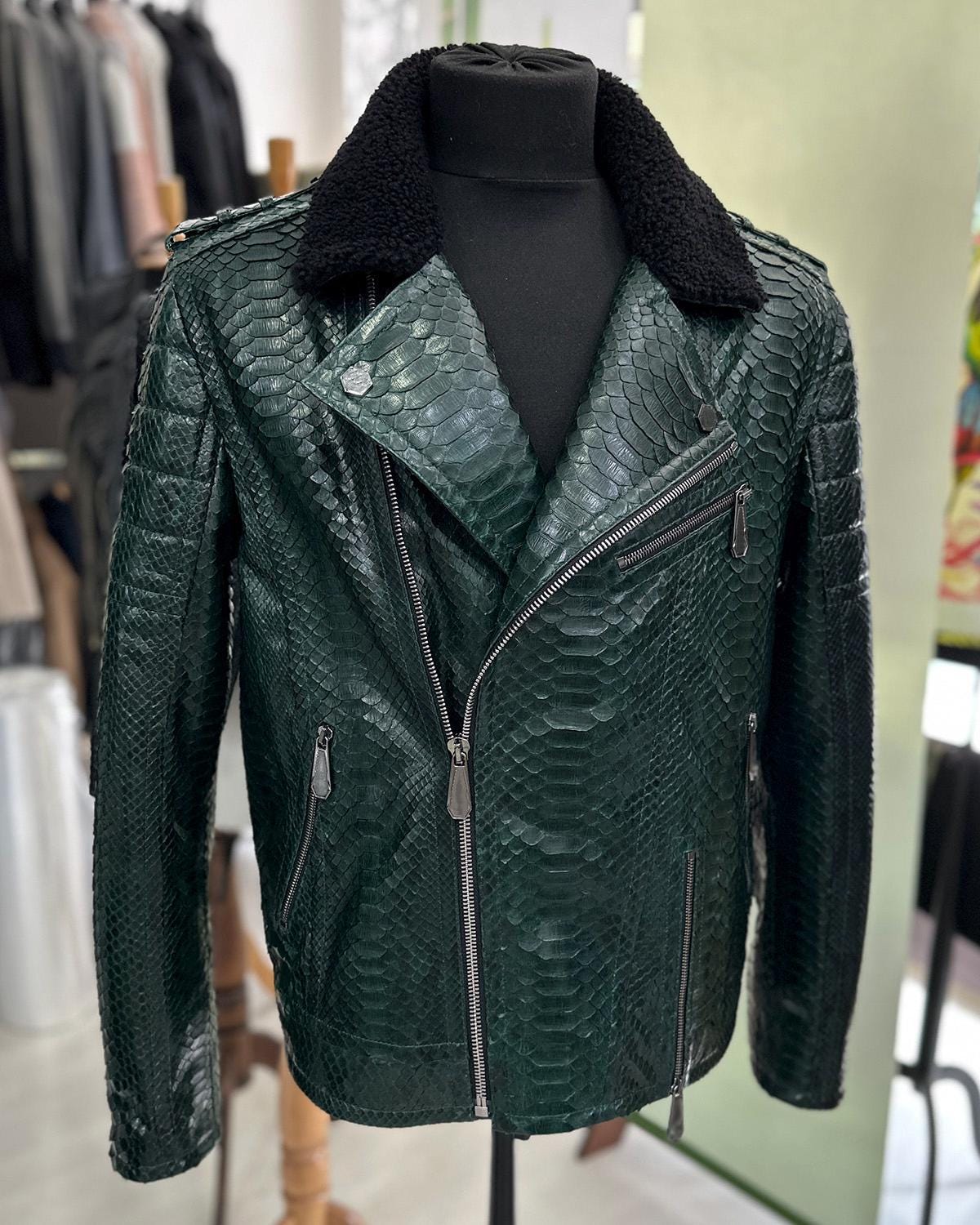 Genuine Python Skin Green Biker Jacket, Sheep Fur Collar