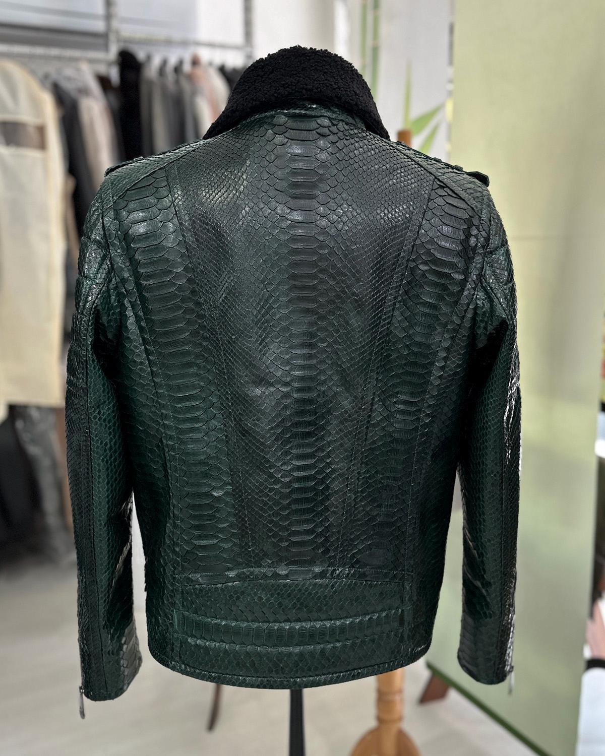 Genuine Python Skin Green Biker Jacket, Sheep Fur Collar