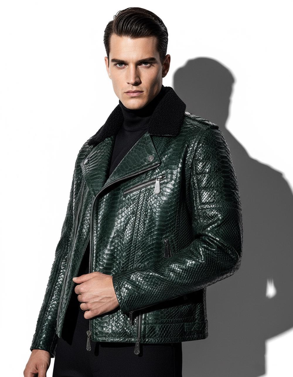 Genuine Python Skin Green Biker Jacket, Sheep Fur Collar